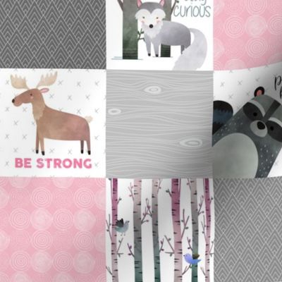 3" BLOCKS- Woodland Critters Patchwork Quilt - Bear Moose Fox Raccoon Wolf, Grey & Pink Design GingerLous