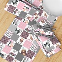 3" BLOCKS- Woodland Critters Patchwork Quilt - Bear Moose Fox Raccoon Wolf, Grey & Pink Design GingerLous