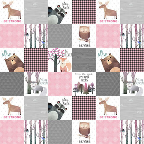 3" BLOCKS- Woodland Critters Patchwork Quilt - Bear Moose Fox Raccoon Wolf, Grey & Pink Design GingerLous