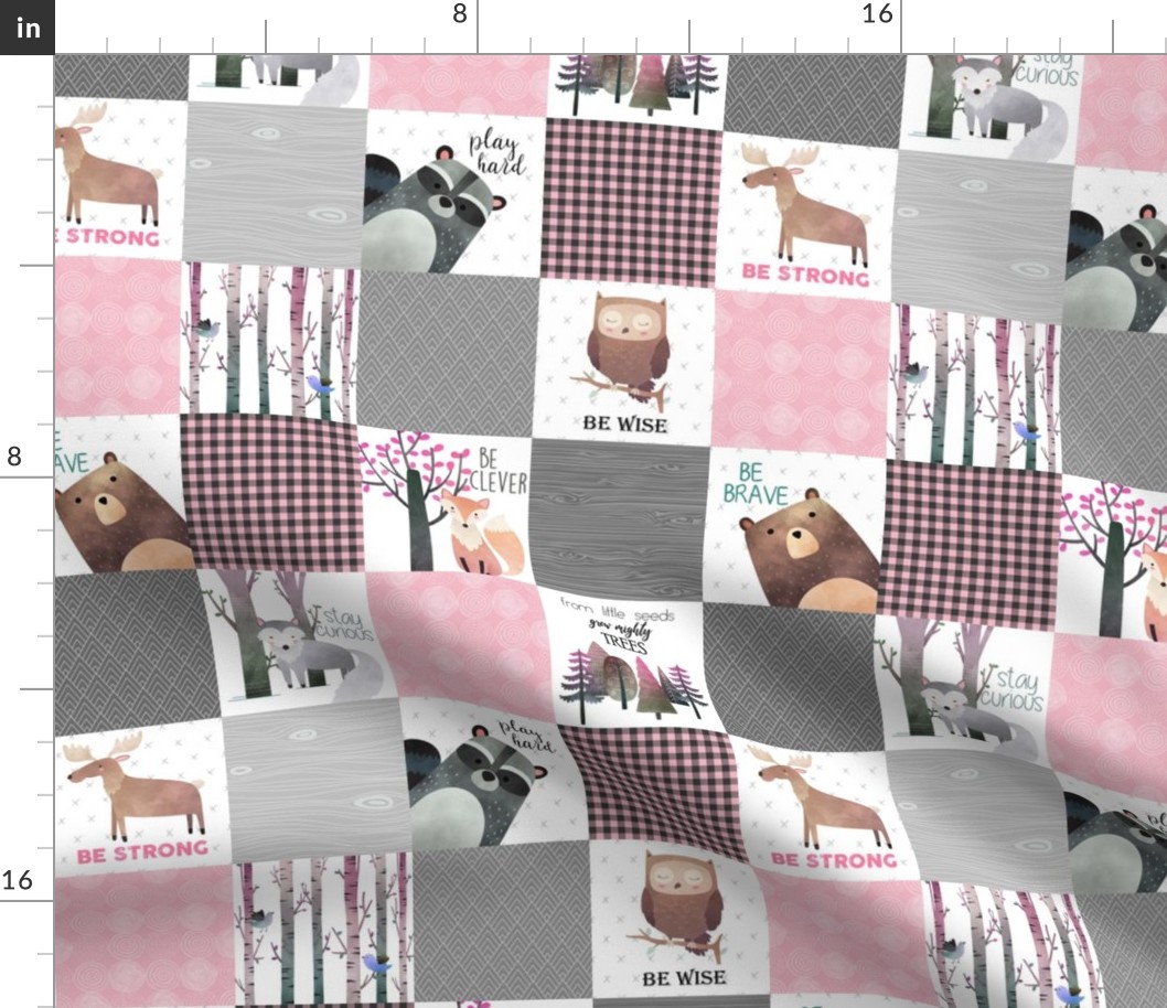 3" BLOCKS- Woodland Critters Patchwork Quilt - Bear Moose Fox Raccoon Wolf, Grey & Pink Design GingerLous