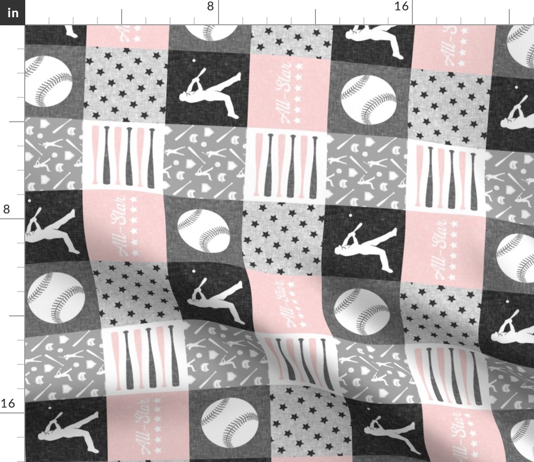 (3" scale) All- star - pink and grey baseball patchwork wholecloth (90)