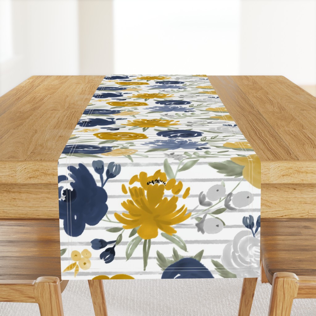 Large Scale "Navy & Mustard" Watercolor Floral on Gray Stripes