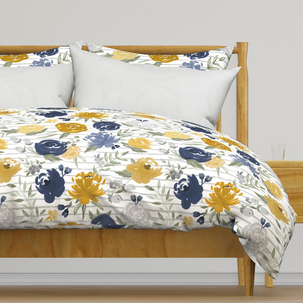 Large Scale "Navy & Mustard" Watercolor Floral on Gray Stripes