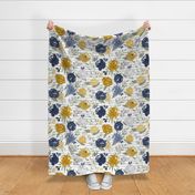 Large Scale "Navy & Mustard" Watercolor Floral on Gray Stripes