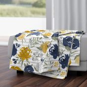Large Scale "Navy & Mustard" Watercolor Floral on Gray Stripes