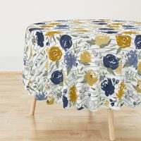 Large Scale "Navy & Mustard" Watercolor Floral on Gray Stripes