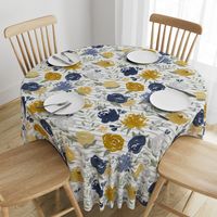 Large Scale "Navy & Mustard" Watercolor Floral on Gray Stripes