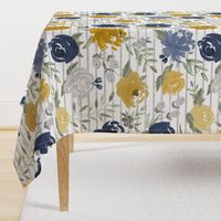 Large Scale "Navy & Mustard" Watercolor Floral on Gray Stripes