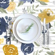 Large Scale "Navy & Mustard" Watercolor Floral on Gray Stripes