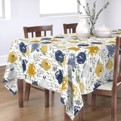 Large Scale "Navy & Mustard" Watercolor Floral on Gray Stripes