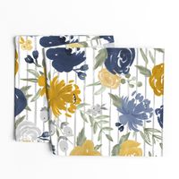 Large Scale "Navy & Mustard" Watercolor Floral on Gray Stripes