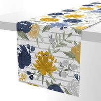 Large Scale "Navy & Mustard" Watercolor Floral on Gray Stripes