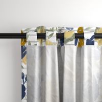 Large Scale "Navy & Mustard" Watercolor Floral on Gray Stripes