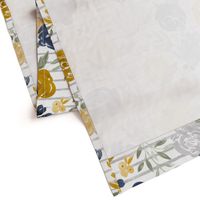 Large Scale "Navy & Mustard" Watercolor Floral on Gray Stripes