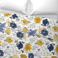 Large Scale "Navy & Mustard" Watercolor Floral on Gray Stripes