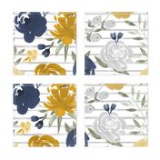 Large Scale "Navy & Mustard" Watercolor Floral on Gray Stripes