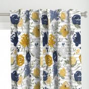 Large Scale "Navy & Mustard" Watercolor Floral on Gray Stripes