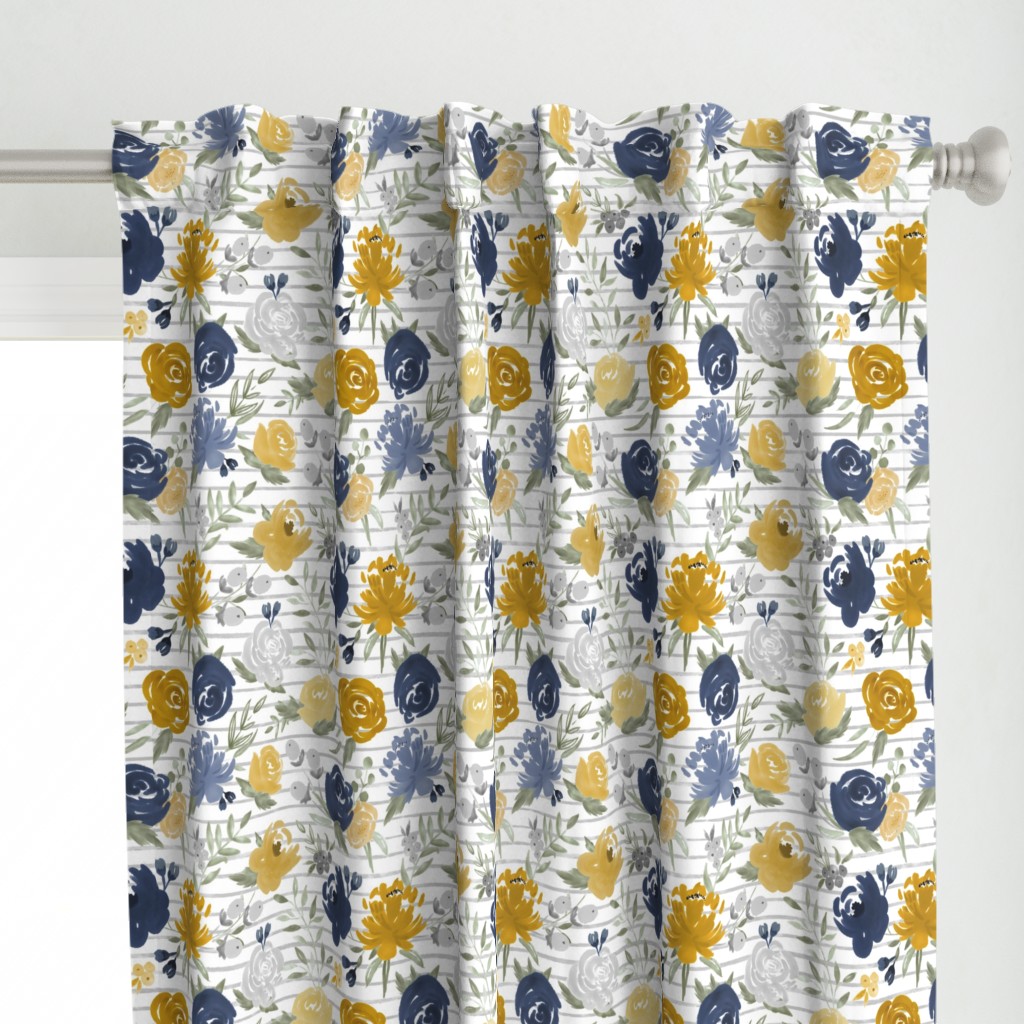 "Navy & Mustard" Watercolor Floral on Gray Stripes