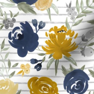 "Navy & Mustard" Watercolor Floral on Gray Stripes