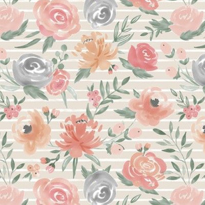 Sm/Med Scale "Soft Watercolor" Floral on Tan w/ White Stripes