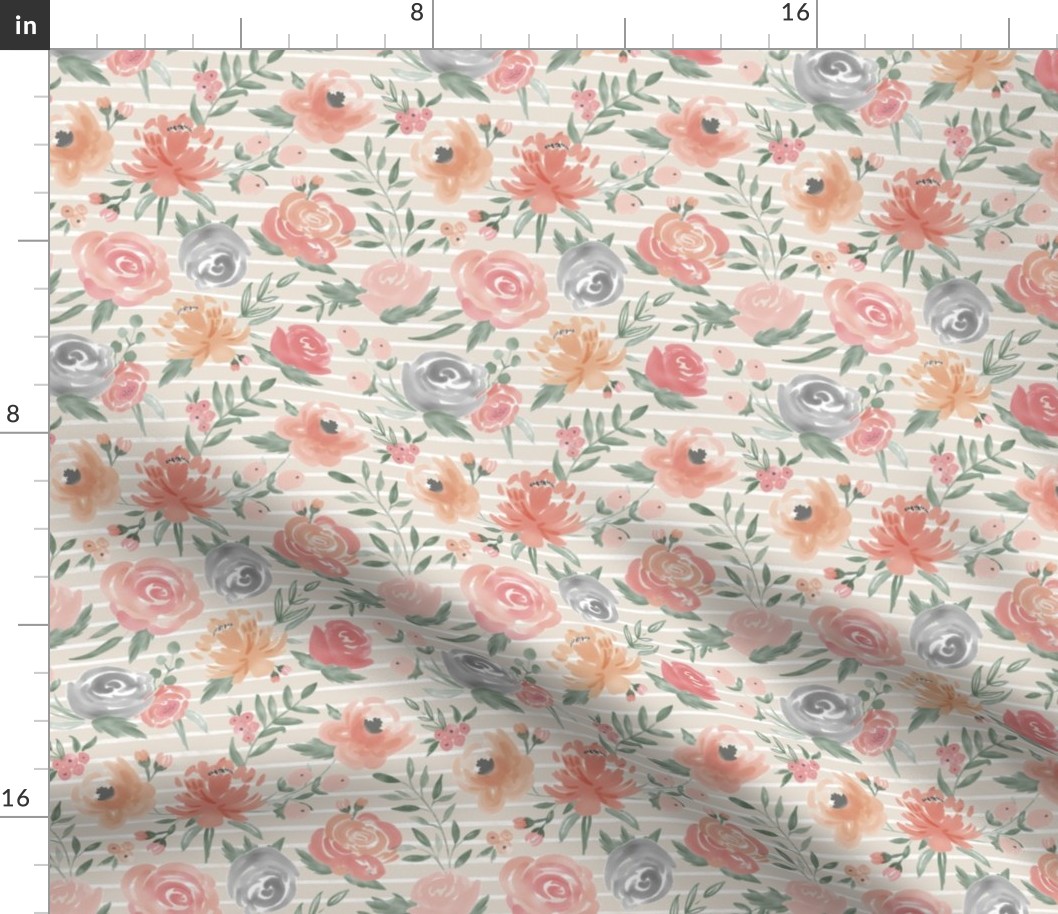 Sm/Med Scale "Soft Watercolor" Floral on Tan w/ White Stripes