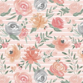 Sm/Med Scale "Soft Watercolor" Floral on Soft Pink w/ White Stripes