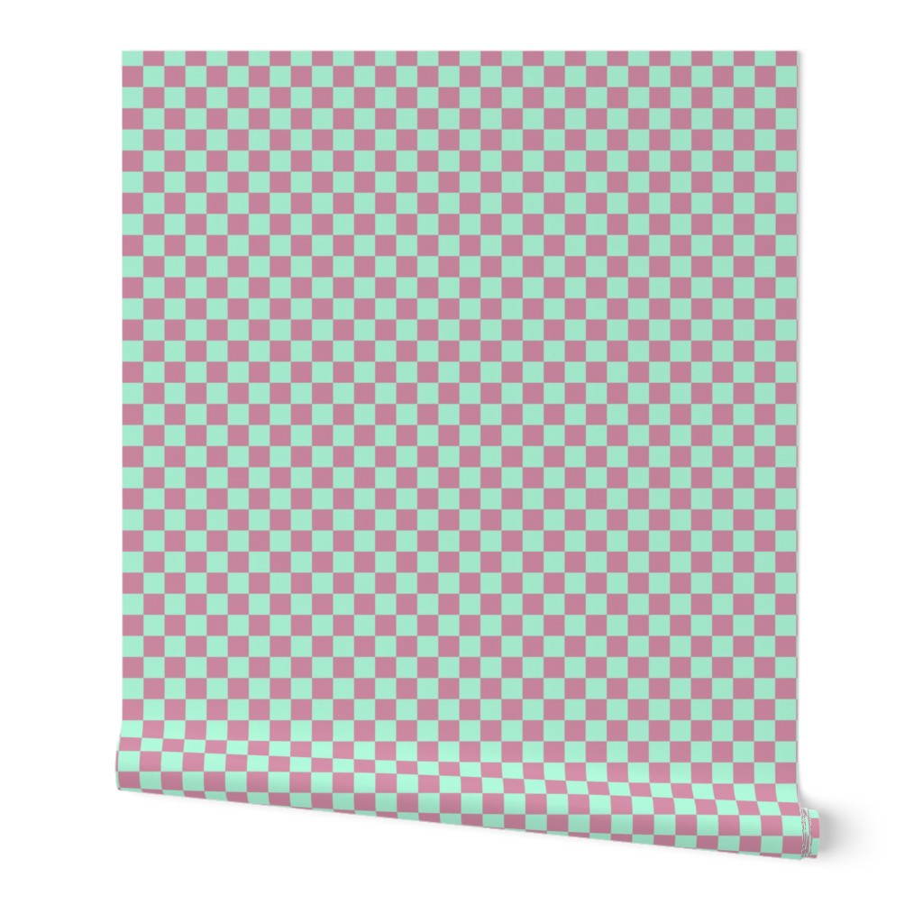 JP28 - Medium -  Creamed Raspberry and Minty Green Checkerboard in Half Inch Squares