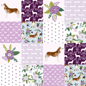 husky dog fabric - blue and purple florals design - pet quilt c