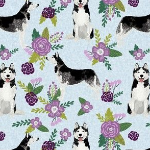 husky dog fabric - blue and purple florals design - pet quilt c