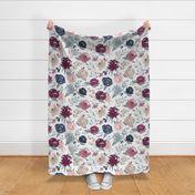 Large Scale "Sand Berry" Watercolor Floral w/ Dusty Blue Stripes
