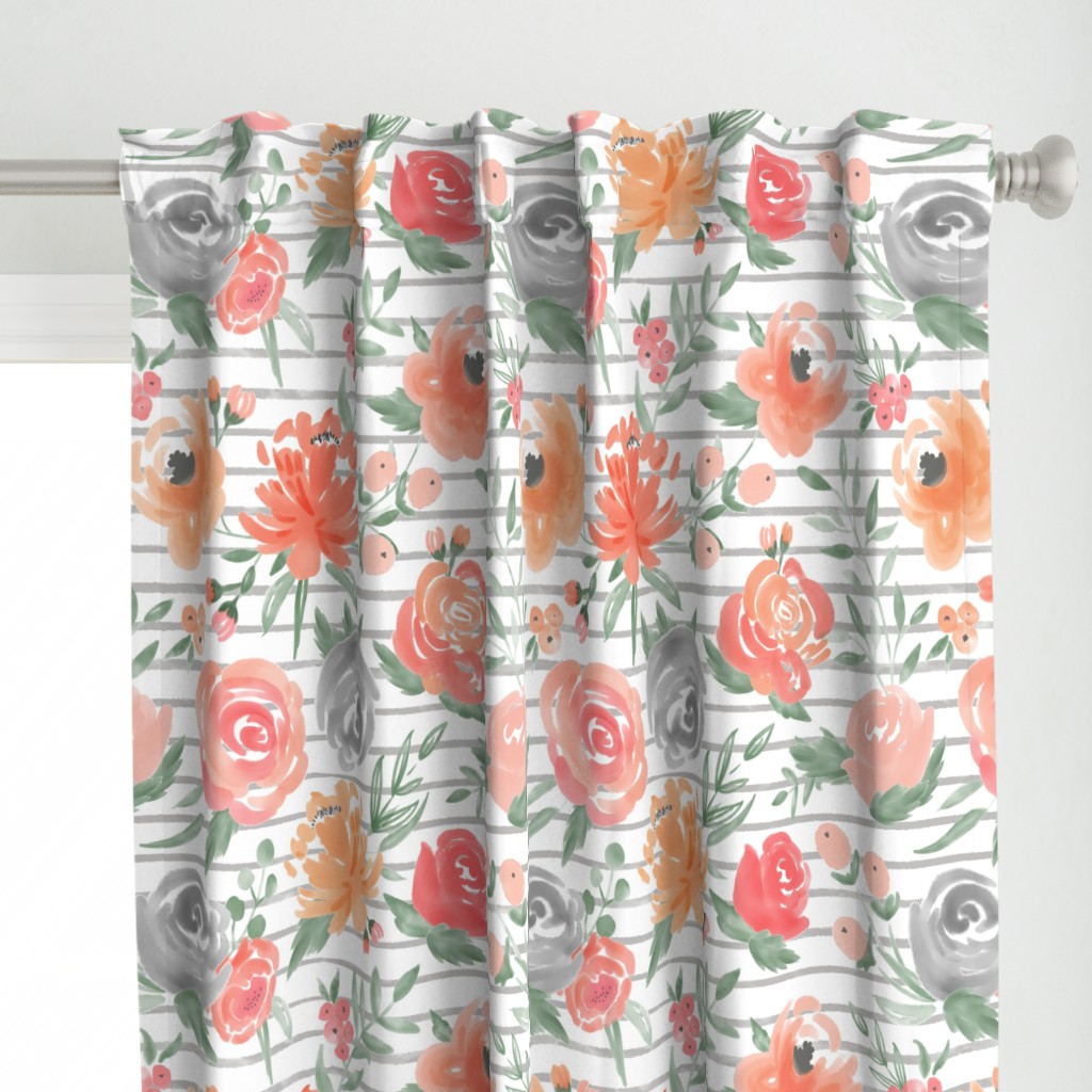 Large Scale "Sunset" Watercolor Floral on Med Gray Stripes