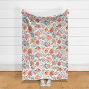 Large Scale "Sunset" Watercolor Floral on Med Gray Stripes