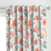 Large Scale "Sunset" Watercolor Floral on Med Gray Stripes