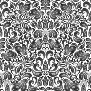 Damascus. Fabulous abstract dark black flowers on white background