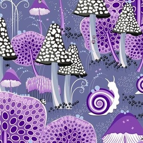 Fantastic micro world, Snails walking among fabulous mushrooms on a purple background