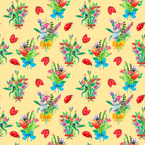 Colorful floral pattern with bouquets and ladybugs