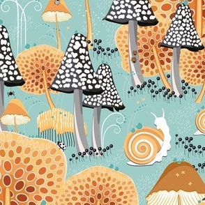 Fantastic micro world, Snails walking among fabulous mushrooms on a light blue background