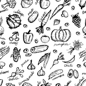 Vegetables,  hand drawn sketch, Kitchen Pattern