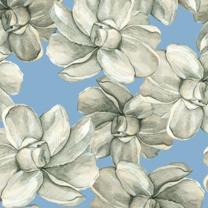 White Flowers on Blue - Large Scale