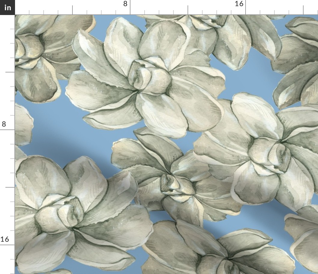 White Flowers on Blue - Large Scale