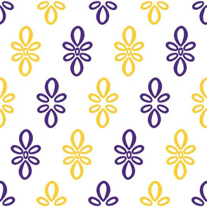 LSU white with purple and yellow diagonal oval motifs