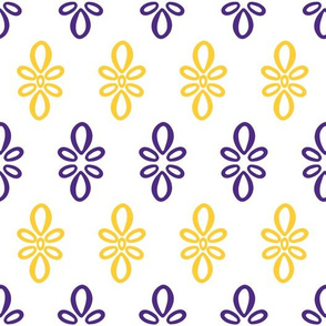 LSU white with purple and yellow oval motifs