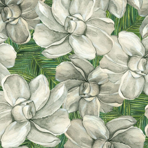 White Flowers on Green Leaves - Larger Scale
