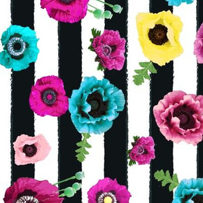 Watercolor floral stripe // vertical  stripe //  pink, teal and yellow