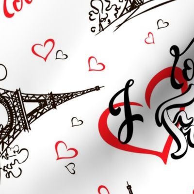I love Paris. I love France. Stylish lettering. Hearts. Eiffel tower. Sketch.