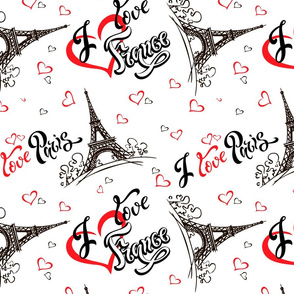 I love Paris. I love France. Stylish lettering. Hearts. Eiffel tower. Sketch.