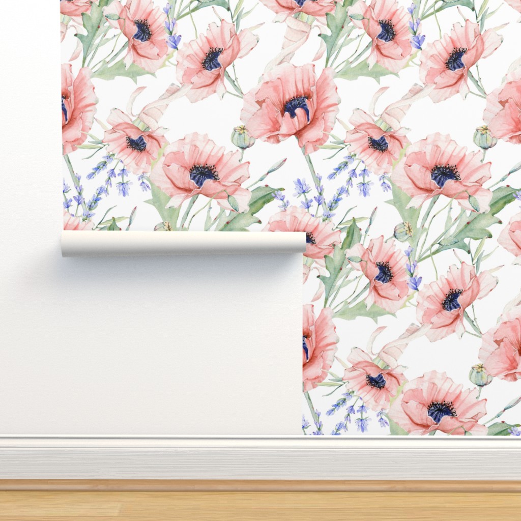 6” Vintage Poppy and Lavender Small Wallpaper | Spoonflower