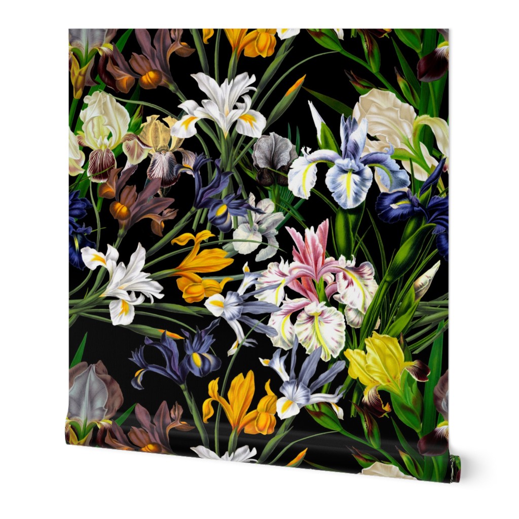 18" nostalgic Pierre-Joseph Redouté - Iris Flowers Bunches on black, Mystic Night dark moody floral 32 Vintage home decor, antique wallpaper,