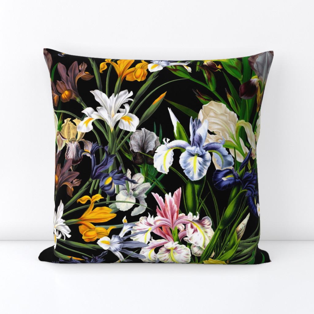 18" nostalgic Pierre-Joseph Redouté - Iris Flowers Bunches on black, Mystic Night dark moody floral 32 Vintage home decor, antique wallpaper,