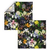 18" nostalgic Pierre-Joseph Redouté - Iris Flowers Bunches on black, Mystic Night dark moody floral 32 Vintage home decor, antique wallpaper,